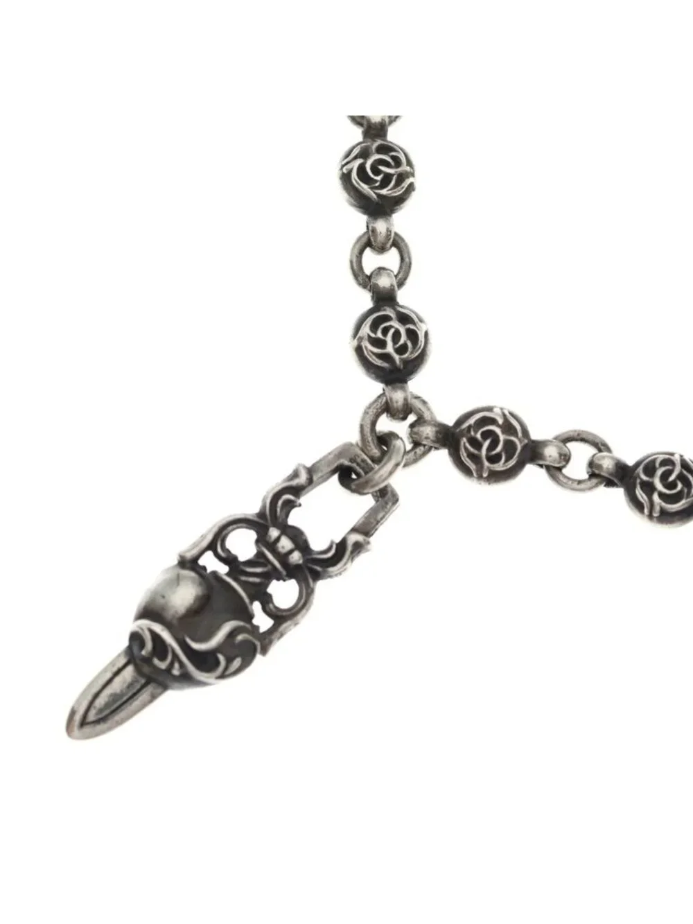 Chrome Hearts 1 Frlbl Chn Heart Dagger Floral Ball Chain Daga Necklace Silver